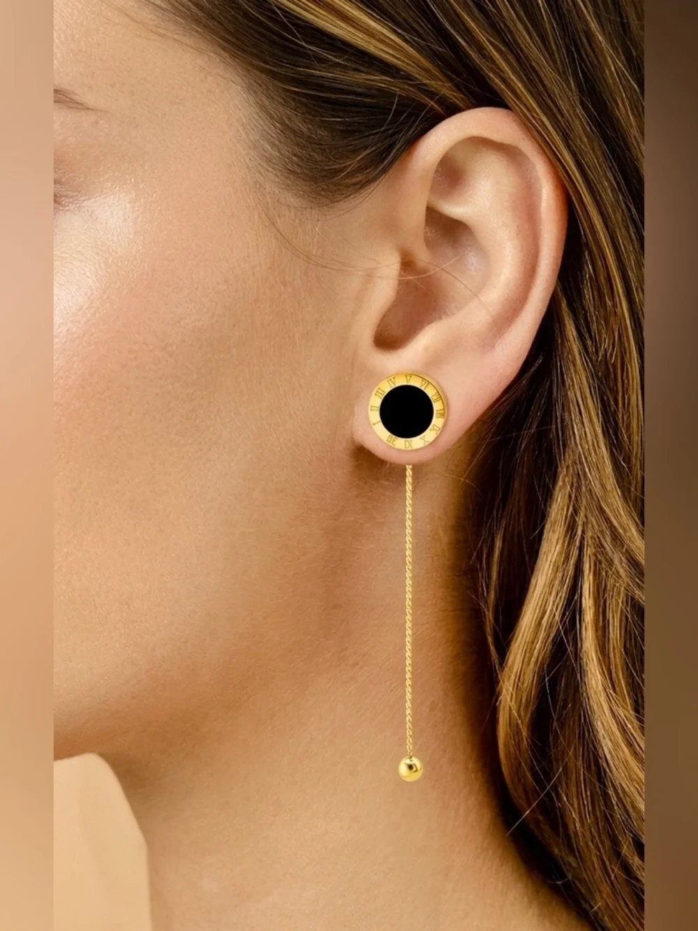 Roman Numeral Chain Drop/ 2 Way Earrings – Stainless Steel Shell Design